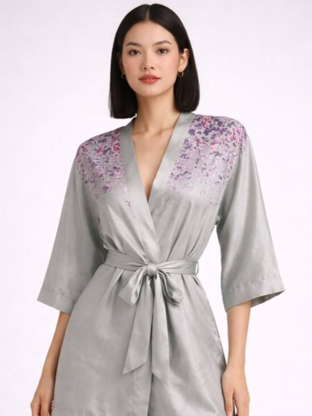 NWOT Triumph Grey Satin Floral Robe
